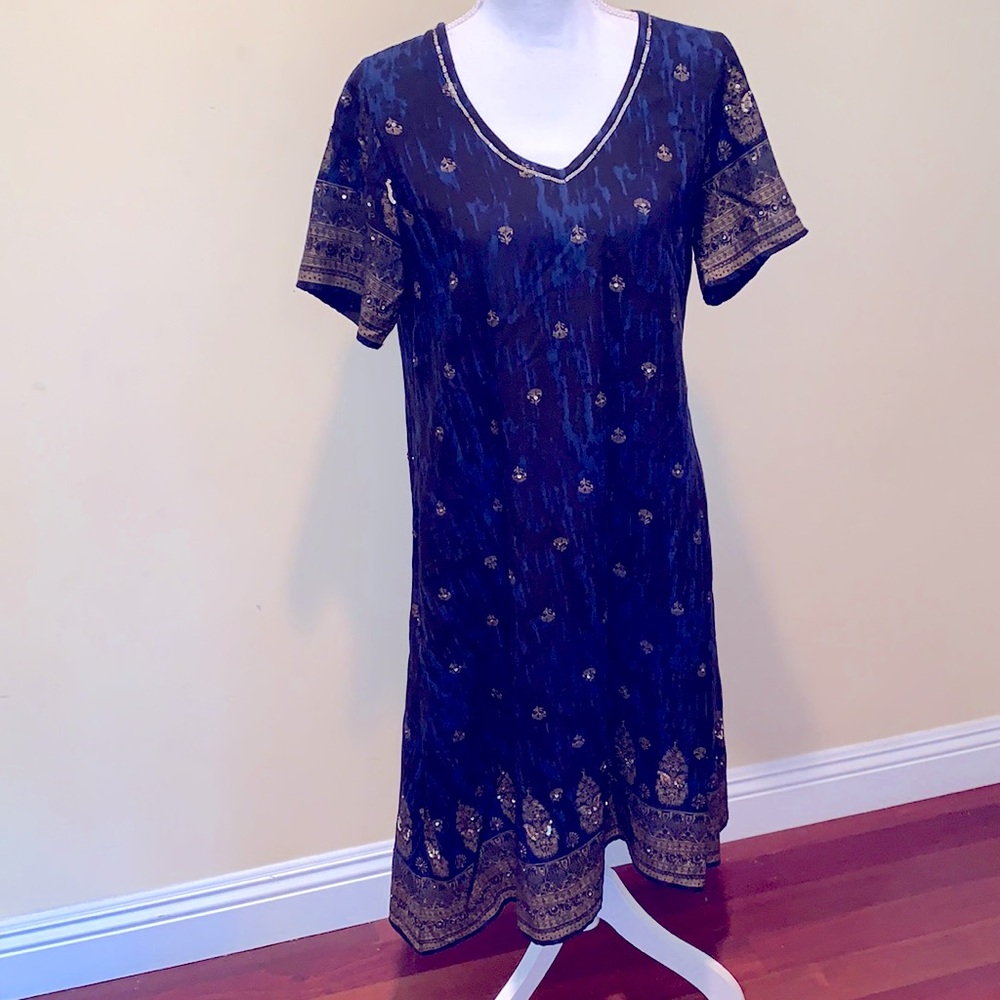 SOFT SURROUNDINGS Printed Dress With Sequins Indian Design Lightweight Boho S